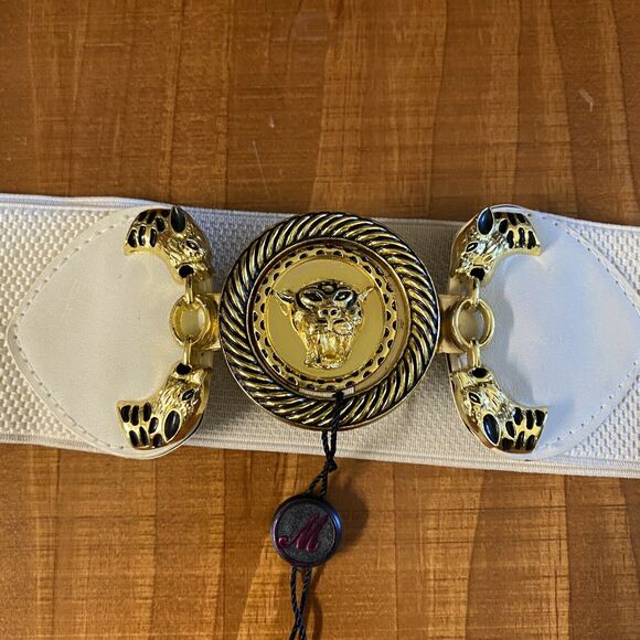 Vintage 80s motel cheetah head buckle gold tone Ivory Stretch belt Sz L - Picture 9 of 11